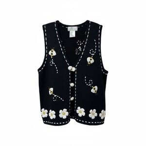 Mandal Bay Black Knit Vest Women's Medium Bee Flower Embroidery V Neck